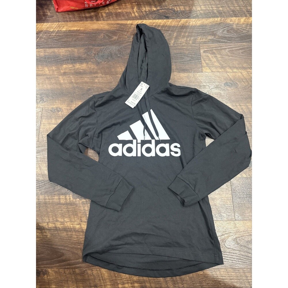 Adidas Men's Light Black/White Logo Hooded Long Sleeve Shirt Size Small New